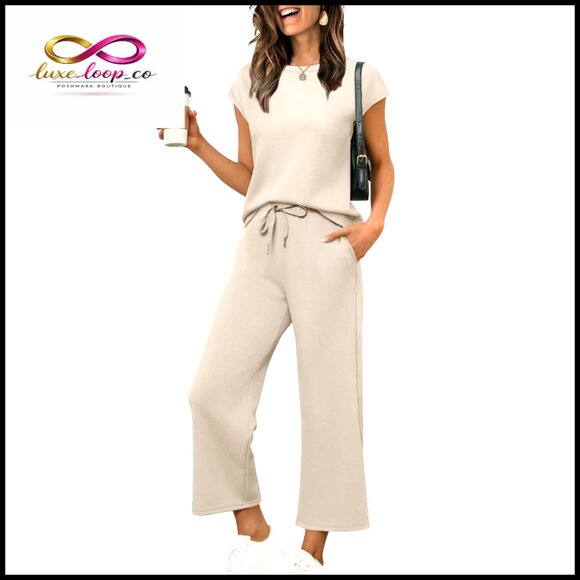 Women's Polyester Blend Two Piece Set Cap Sleeve Top Wide Leg Pants